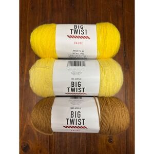 Big Twist Value‎ Yarn Lot of 3: Varsity Yellow, Pale Yellow, Camel Acrylic